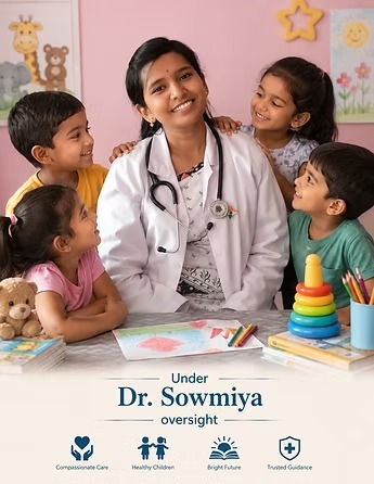 Dr. Sowmiya (BHMS), Psychological counseling professional, with children at Navashiksha HSR Layout — Compassionate Care, Healthy Children, Bright Future, Trusted Guidance